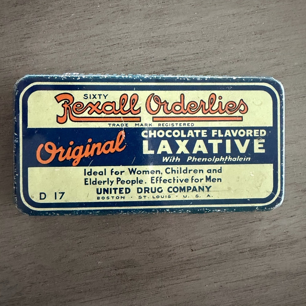 VINTAGE Orderlies Original Chocolate Flavored Laxative - Blue Cream Tin